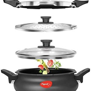 Pigeon 3.2 Quart All-In-One Super Cooker – Steamer, Cooking Pot, Pressure Cooker, Dutch Oven – For All Cooktops – Quick Cooking of Meat, Soup, Rice, Beans, Idli & more, Hard Anodized, (3 Liters)