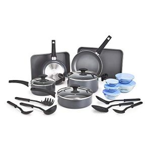 BELLA Nonstick Cookware Set with Glass Lids – Aluminum Bakeware, Pots and Pans, Storage Bowls & Utensils, Compatible with All Stovetops, 21 Piece, Black