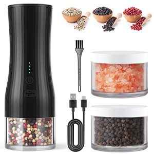 Electric Automatic Salt or Pepper Grinder, Pepper or Salt Mill Grinder USB Rechargeable, Upgraded Ultra-Larger Capacity with 3 Replaceable Container, LED Light, One Hand Operated
