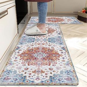 Boho Kitchen Rugs for Floor Anti Fatigue Mats for Kitchen Floor Vintage Farmhouse Style Memory Foam Non-Slip Waterproof Kitchen Mat Cushioned PVC Kitchen Rug Set, 17.3×28+17.3×47 inches