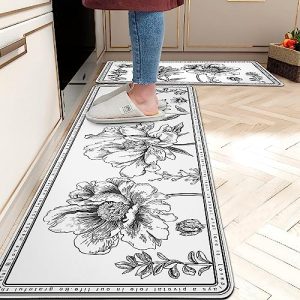 chiinvent Kitchen Floor Mat Set of 2, Cushioned Anti Fatigue Kitchen Mat, Black and White Kitchen Rugs for Floor, Non-Slip Waterproof Kitchen Rug for Office, Home, Laundry, 17.3″x28″+17.3″x47″