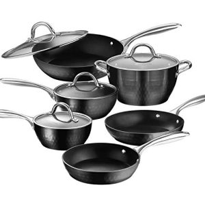 AMERICOOK 10 Piece Pans and Pots Set, Diamond-Infused Induction Cookware Set – Set of Induction Pan and Pot with Sturdy Glass Lids and Non-Slip Stay-Cool Stainless Steel Handles, Black