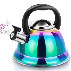 Whistling Tea Kettle for Stovetop, 3.5L Stainless Steel Tea Pot with Cool Ergonomic Folding Handle, Rainbow Induction Kettles for Boiling Water, Mirror Finish