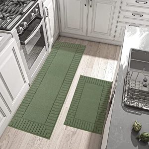 BEQHAUSE-Kitchen-Rugs-Non-Slip-Kitchen-Mats-for-Floor Machine Washable Kitchen Rugs 2 Pieces Kitchen Carpet Runner with TPR Backing,Green,24x35inch/24x60inch