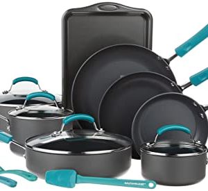 Rachael Ray Classic Brights Hard Anodized Nonstick Cookware Pots and Pans Set, 15 Piece – Agave Blue