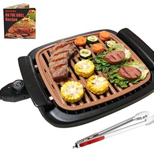 Nonstick Electric Indoor Smokeless Grill – Portable BBQ Grills with Recipes, Fast Heating, Adjustable Thermostat, Easy to Clean, 21″ X 11″ Tabletop Square Grill with Oil Drip Pan, Black