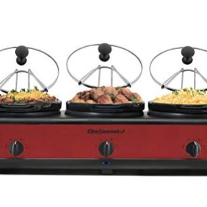 Elite Platinum EWMST-325R Maxi-Matic Triple Slow Cooker Buffet Server Adjustable Temp Dishwasher-Safe Oval Ceramic Pots, Lid Rests, 3 x 2.5 Qt Capacity, Red