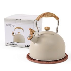 LONFFERY Tea Kettle, 2.5 Quart Whistling Tea Kettle, Tea Pots for Stove Top Food Grade Stainless Steel with Wood Pattern Folding Handle – Creamy White