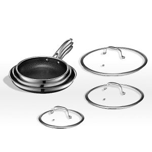 HexClad 6 Piece Pan and Lid Set, 12, 10 and 8-Inch Hybrid Nonstick Stainless Steel Pans, Dishwasher and Oven Safe, Works with All Cooktops