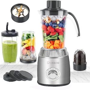 Duxano Personal Blender Set for Shakes and Smoothies,Powerful Ice-Crushing Portable Mixer with 40oz. Large Capacity Pitcher, 2x18oz. Travel Sports Bottles, Coffee Grinder,15-Piece, 2 Spout Lids – Perfect for Your Kitchen