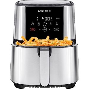 Chefman TurboFry Touch Air Fryer, Large 5-Quart Family Size, One Touch Digital Control Presets, French Fries, Chicken, Meat, Fish, Nonstick Dishwasher-Safe Parts, Automatic Shutoff, Stainless Steel