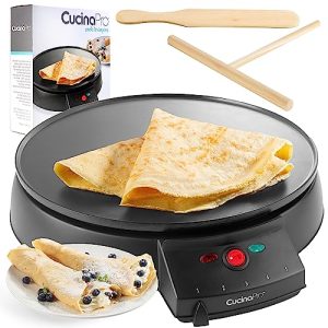 12″ Griddle & Crepe Maker, Non-Stick Electric Crepe Pan w Batter Spreader & Recipe Guide- Dual Use for Blintzes Eggs Pancakes, Portable, Adjustable Temperature Settings- Summer Breakfast w Fresh Fruit