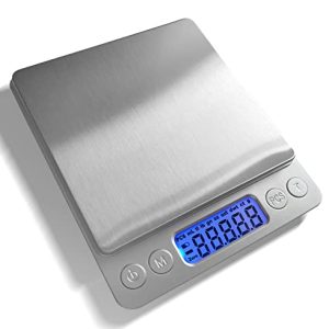 JOEAA Food Scale Digital Weight 3000g/0.1g Oz Grams and Ounces Kitchen Scale for Cooking Baking with Backlight LCD Display, Tare, 9 Units, Auto Off, 2 Trays, Batteries Included – Stainless Steel