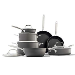 OXO Good Grips Pro 12 Piece Cookware Pots and Pans Set, 3-Layered German Engineered Nonstick Coating, Dishwasher Safe, Oven Safe, Stainless Steel Handles, Black