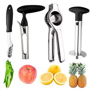 Pineapple Corer Peeler Slicer Cutter, Lemon Press Squeezer Manual Juicer, Apple Corer Remover and Jalapeno Pepper Corer Remover, yamesu 4-piece Set Bundle Kitchen Gadget Tools