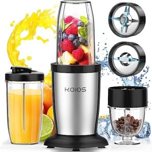 KOIOS 850W Bullet Personal Blender for Shakes and Smoothies, 11 Pieces Countertop Blender and Grinder Combo for Kitchen, Smoothies Maker Mixer for Protein Frozen Ice Drinks Baby Food with 2*17oz and 10oz To-Go Cups and Spout Lids, BPA Free, Pulse Technology (Black)