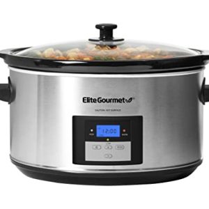 Elite Gourmet MST-900D Digital Programmable Slow Cooker, Oval Adjustable Temp, Entrees, Sauces, Stews & Dips, Dishwasher Safe Glass Lid & Crock (8.5 Quart, Stainless Steel)