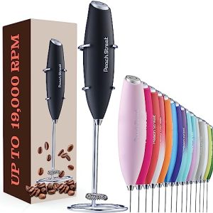 Powerful Handheld Milk Frother, Mini Milk Frother, Battery Operated (Not included) Stainless Steel Drink Mixer – Milk Frother Stand for Milk Coffee, Lattes, Cappuccino, Frappe, Matcha, Hot Chocolate