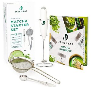 Jade Leaf Matcha Modern Starter Set – Includes: Electric Matcha Whisk + Milk Frother, Stainless Steel Spoon, Stainless Steel Sifter, and Printed Handbook