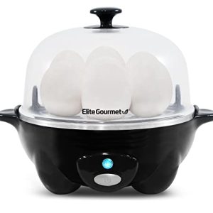 Elite Gourmet EGC-007B# Rapid Egg Cooker, 7 Easy-To-Peel, Hard, Medium, Soft Boiled Eggs, Poacher, Omelet Maker, Auto Shut-Off, Alarm, 16-Recipe Booklet, Black