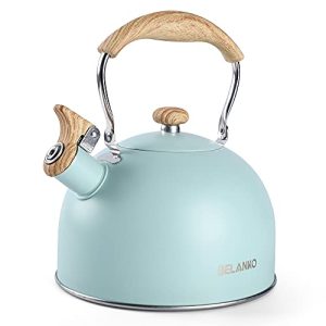 Tea Kettle, BELANKO 85 OZ / 2.5 Liter Whistling Tea Kettle, Tea Pots for Stove Top Food Grade Stainless Steel with Wood Pattern Folding Handle, Loud Whistle Kettle for Tea, Coffee, Milk – Turquoise