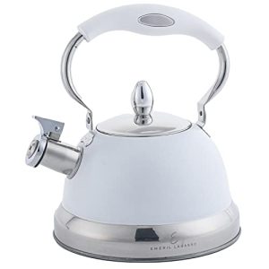 Emeril Lagasse 2.6 Quart/2.5 Liter Whistling Tea Kettle, Stainless Steel Tea Pot for Induction Stove Top, Fast to Boil Water for Home Kitchen Condo, with Ergonomic Cool Folding Grip Handle, White