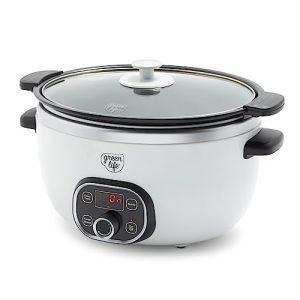 GreenLife Cook Duo Healthy Ceramic Nonstick Programmable 6 Quart Family-Sized Slow Cooker, PFAS-Free, Removable Lid and Pot, Digital Timer, Dishwasher Safe Parts, White