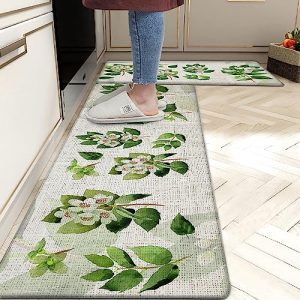 Kitchen Mats for Floor Anti Fatigue Mats For Kitchen Floor Green Kitchen Mat Cushioned Memory Foam Non Slip PVC Leather Padded Comfort Standing Kitchen Rugs Set Of 2, Green Herb Pattern Design