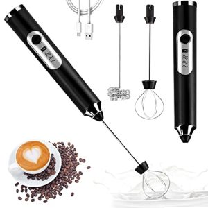 Milk Frother Handheld USB Rechargeable Milk Foam Maker with 2 Stainless Whisks Electric Mini Mixer 3 Speeds Adjustable for Coffee, Latte, Cappuccino, Matcha, Hot Chocolate, Egg, Black