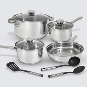 ExcelSteel w/Encapsulated Base & Tools Versatile for Any Kitchen Stainless Cookware Set, 10 Pc