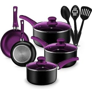 Chef’s Star Pots And Pans Set Kitchen Cookware Sets Nonstick Aluminum Cooking Essentials 11 Pieces Purple