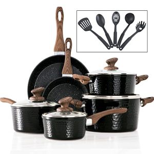 Kitchen Academy Induction Cookware Sets – 15 Pcs Black Hammered Cooking Pans Set, Healthy Granite Nonstick Pots and Pans Set