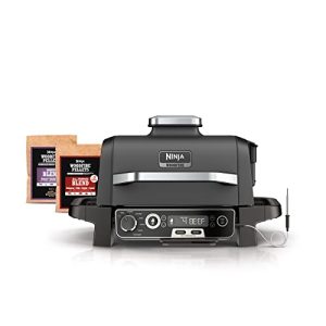 Ninja OG701 Woodfire Outdoor Grill & Smoker, 7-in-1 Master Grill, BBQ Smoker, & Air Fryer plus Bake, Roast, Dehydrate, & Broil, uses Ninja Woodfire Pellets, Weather-Resistant, Portable, Electric, Grey