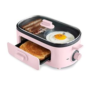 GreenLife 3-in-1 Breakfast Maker Station, Healthy Ceramic Nonstick Dual Griddles for Eggs Meat and Pancakes, 2 Slice Toast Drawer, Easy-to-use Timer, Pink