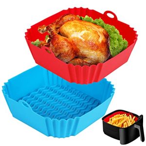Boribim 2 PCS Square Silicone Air Fryer Liners – 8 Inch Reusable Air Fryer Pot – Air Fryer Accessories – Air Fryer Inserts for 4 to 7 QT for Oven Microwave Accessories (Red + Blue)