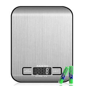 KAZETEC Digital Kitchen Scale,Multifunction Food Scale Measure Weight(MAX:11LB/5KG/176OZ)Accurately,Stainless Steel Scale Digital Weight,Large LCD Display,Waterproof,4 Unit(g/ml/oz/lb)