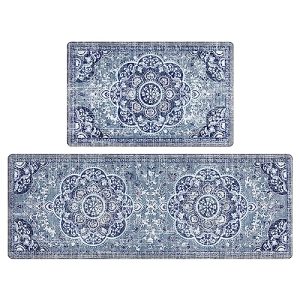 Ileading Anti Fatigue Kitchen Mat Set of 2 Boho Cushioned Kitchen Mats for Standing Waterproof Non Slip Kitchen Rugs and Mats Comfort Floor Mat for Kitchen, Floor, Home, Office, Sink, Blue