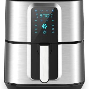 Kitcher 6.8Qt Air Fryer, Hot Air Fryer with 8 Cooking Functions Temperature Timer Control Led Touch Screen 50 Recipes, Stainless Steel Silver