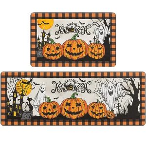 Pauwer Happy Halloween Kitchen Mat Set of 2, Anti Fatigue Kitchen Rugs Fall Decor, Non Slip Pumpkin Kitchen Runner Rug Set, Cushioned Waterproof Kitchen Foam Mat for Floor