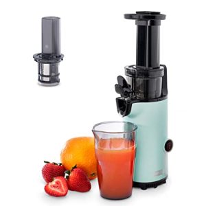 DASH Deluxe Compact Masticating Slow Juicer, Easy to Clean Cold Press Juicer with Brush, Pulp Measuring Cup, Frozen Attachment and Juice Recipe Guide – Aqua