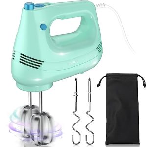 GUALIU Electric Hand Mixer with Stainless Steel Egg Beater, Dough Hook Attachment and Storage Bag Compact Lightweight Hand Mixer for Baking Cakes, Eggs, Cream Food Mixers. Turbocharged /5 Speed + Eject Button Kitchen Blender GREEN