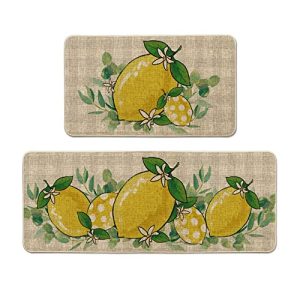 Artoid Mode Watercolor Lemon Eucalyptus Summer Kitchen Mats Set of 2, Home Spring Decor Low-Profile Kitchen Rugs for Floor – 17×29 and 17×47 Inch