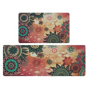 Yinhua Boho Kitchen Mats for Floor, Anti Fatigue Mats for Kitchen Floor Mat Cushioned, Bohemian Vintage Floral Kitchen Rugs 2 Piece, Kitchen Rugs and Mats Non Skid Waterproof