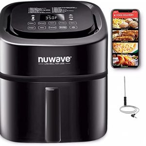 Nuwave Brio 8-Qt Air Fryer, Powerful 1800W, Easy-to-Read Cool White Display, 50°-400°F Temp Controls, 100 Pre-Programmed Presets & 50 Memory Slots, Integrated Smart Thermometer, Linear T Technology