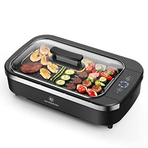 Smokeless Indoor Grill-Electric Grill with Tempered Glass Lid, Removable Nonstick Grill Plate, 15″ x 9″ Surface,Turbo Smoke Extractor Technology, LED Smart Temperature Control, Anti-slip Base,1500W,Black.
