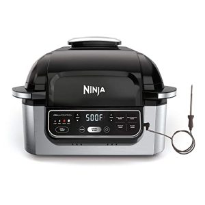 Ninja Foodi Pro 5-in-1 Integrated Smart Probe and Cyclonic Technology Indoor Grill, Air Fryer, Roast, Bake, Dehydrate (AG400), 10″ X 10″, Black and Silver (Renewed)