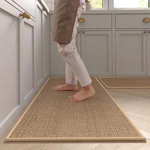 MontVoo Rugs and Mats Washable [2 PCS] Non-Skid Natural Rubber Runner Rugs Set for Kitchen Floor Front of Sink, Hallway, Laundry Room 17″x30″+17″x47″ (Oats)