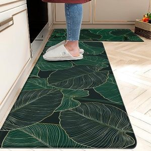 Kitchen Mats For Floor Cushioned Anti Fatigue Emerald Green Monstera Leaf Kitchen Floor Mat Memory Foam Boho Kitchen Rugs Luxury Gold And Natural Comfort Standing Pvc Leather Kitchen Rugs sets of 2