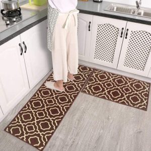 Easychan 2 Piece Carpet Rubber Backing Non-Slip Kitchen Mat Doormat Area Rugs (15″x47″+15″x23″, Brown)