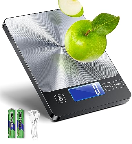 【Dual Power Mode, 33lb Load-Bearing】2 in 1 Digital Kitchen Scale for Meal Prep, Scale for Food Ounces and Grams, CD-Grain Design, Stainless Steel, Easy to Clean-BOSINTY